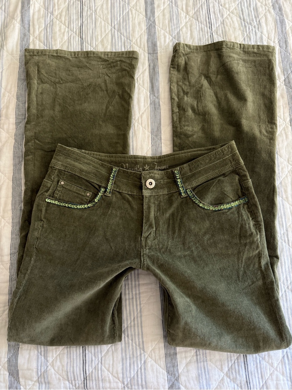 Vanilla Star Olive Green Boot-Cut Corduroy Jeans with Sequin Trim